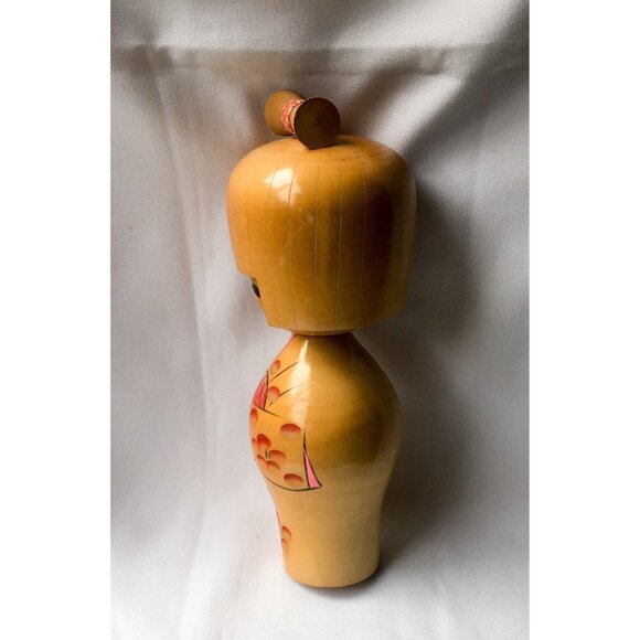 Japanese Kokeshi Doll With Hair Bow Kimono Pink Carved Dots 10.5 “ - Picture 2 of 8